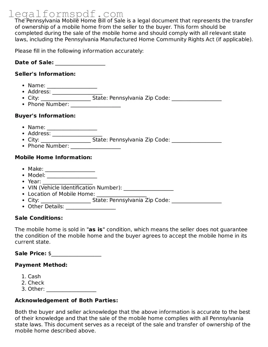 Fillable  Mobile Home Bill of Sale Document for Pennsylvania