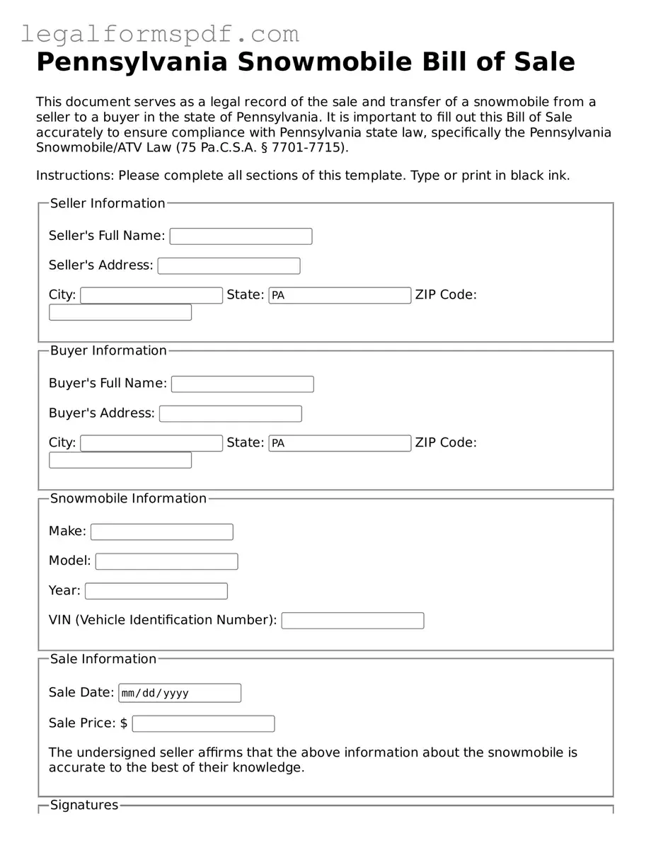 Fillable  Snowmobile Bill of Sale Document for Pennsylvania