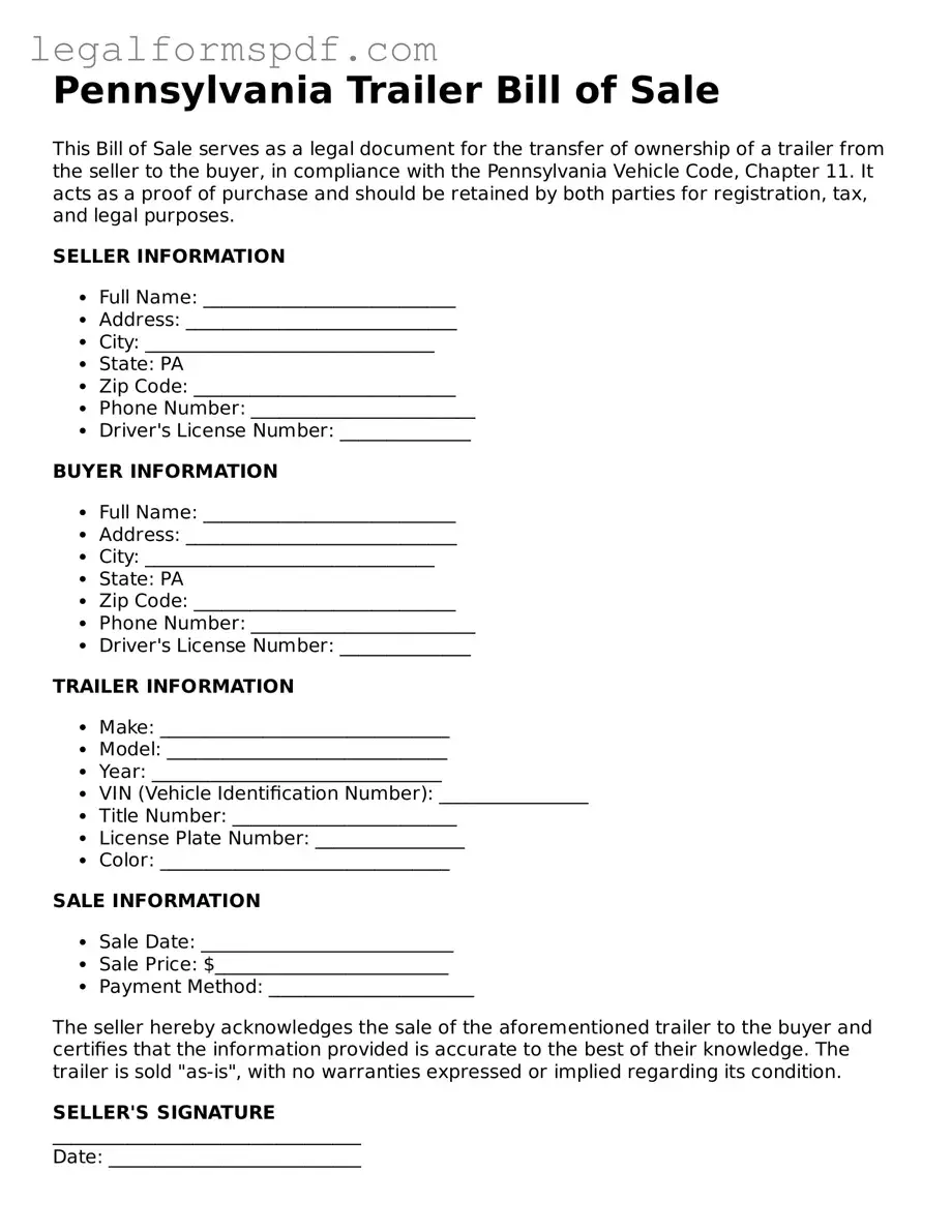 Fillable  Trailer Bill of Sale Document for Pennsylvania