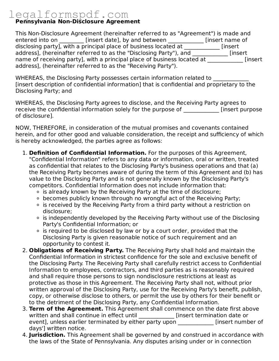 Fillable  Non-disclosure Agreement Document for Pennsylvania