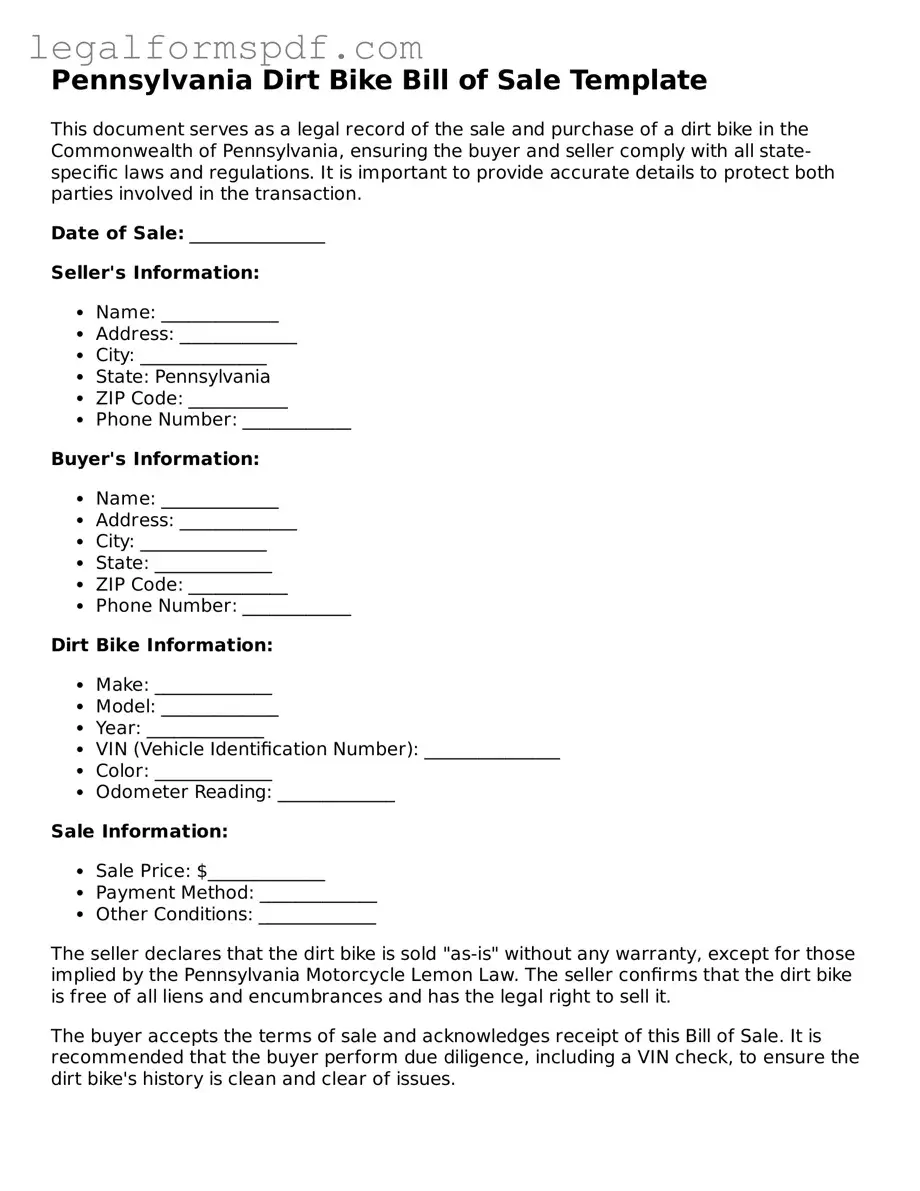 Fillable  Dirt Bike Bill of Sale Document for Pennsylvania
