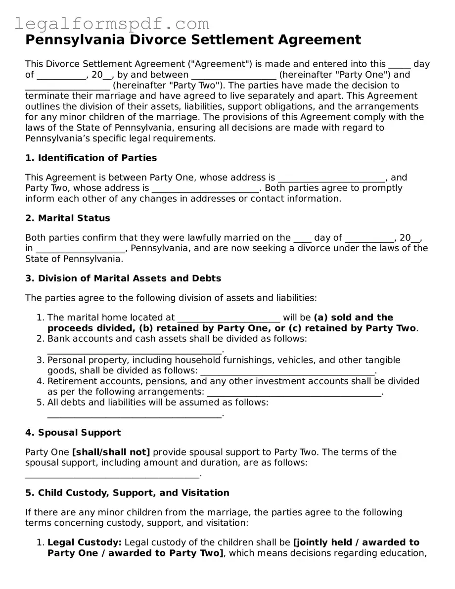 Fillable  Divorce Settlement Agreement Document for Pennsylvania