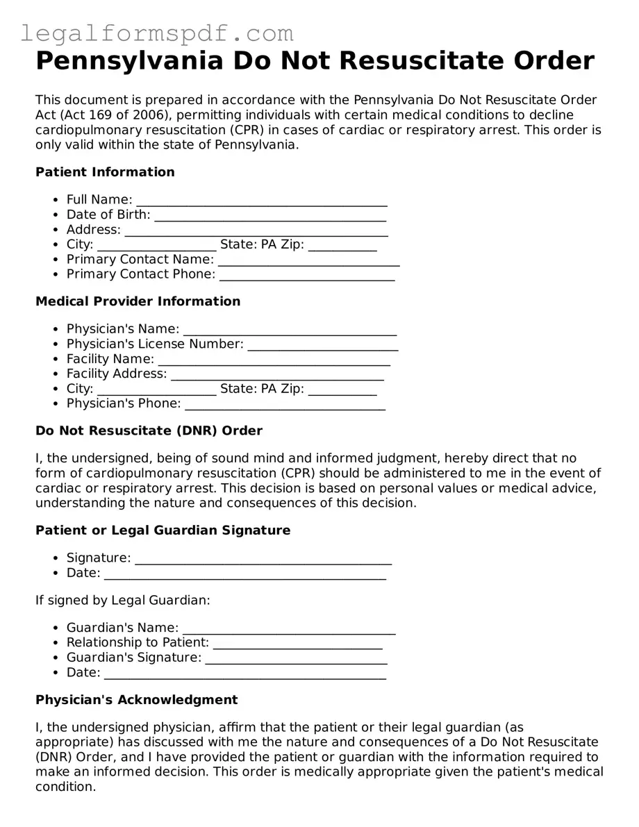 Fillable  Do Not Resuscitate Order Document for Pennsylvania