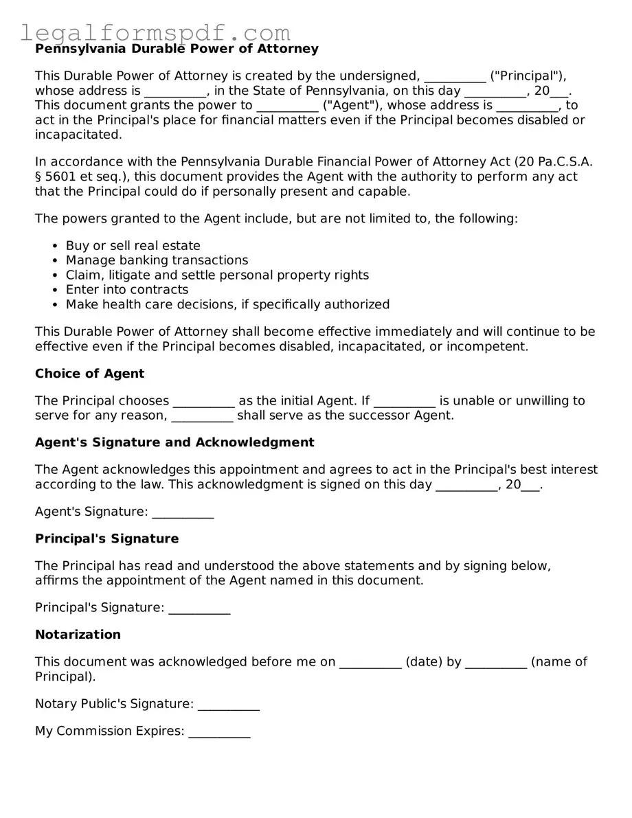 Fillable  Durable Power of Attorney Document for Pennsylvania