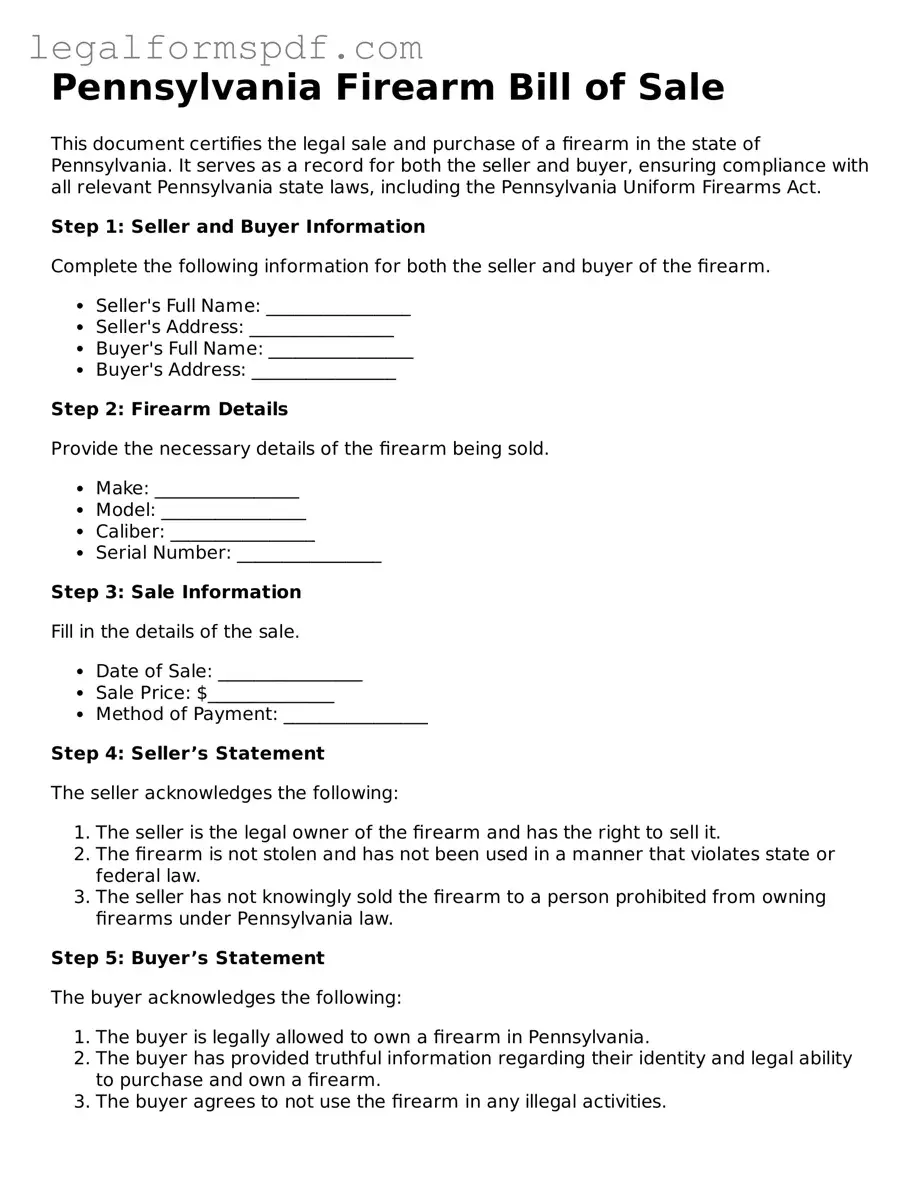 Fillable  Firearm Bill of Sale Document for Pennsylvania