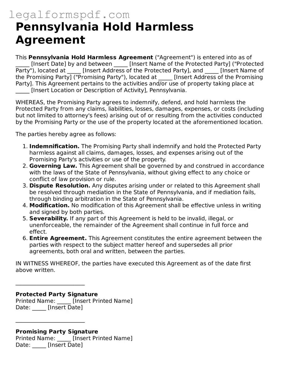 Fillable  Hold Harmless Agreement Document for Pennsylvania