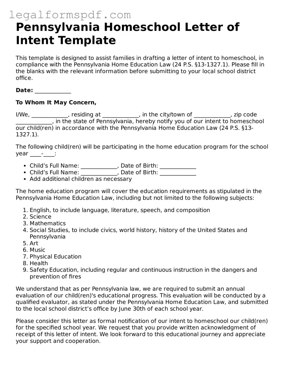 Fillable  Homeschool Letter of Intent Document for Pennsylvania