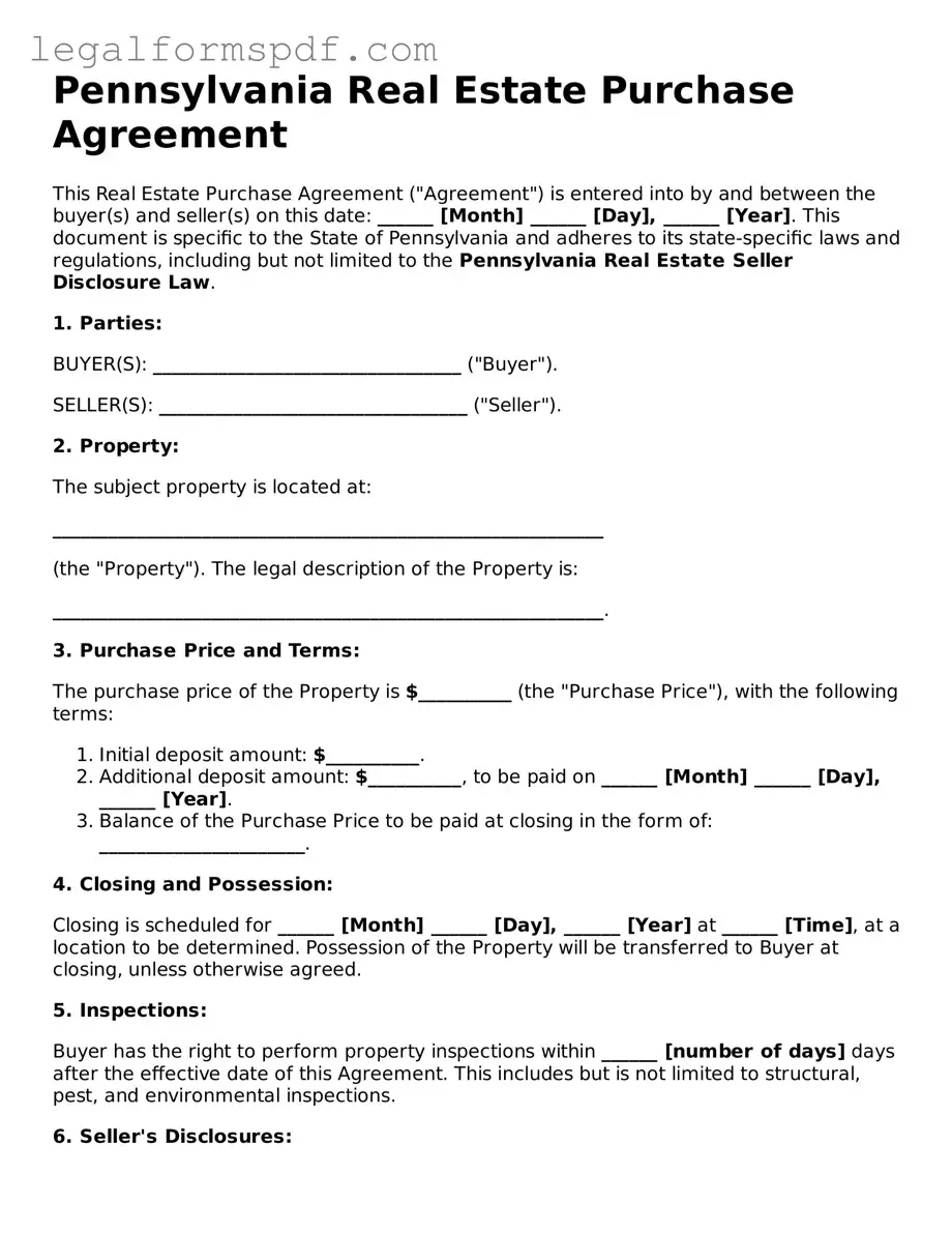 Fillable  Real Estate Purchase Agreement Document for Pennsylvania