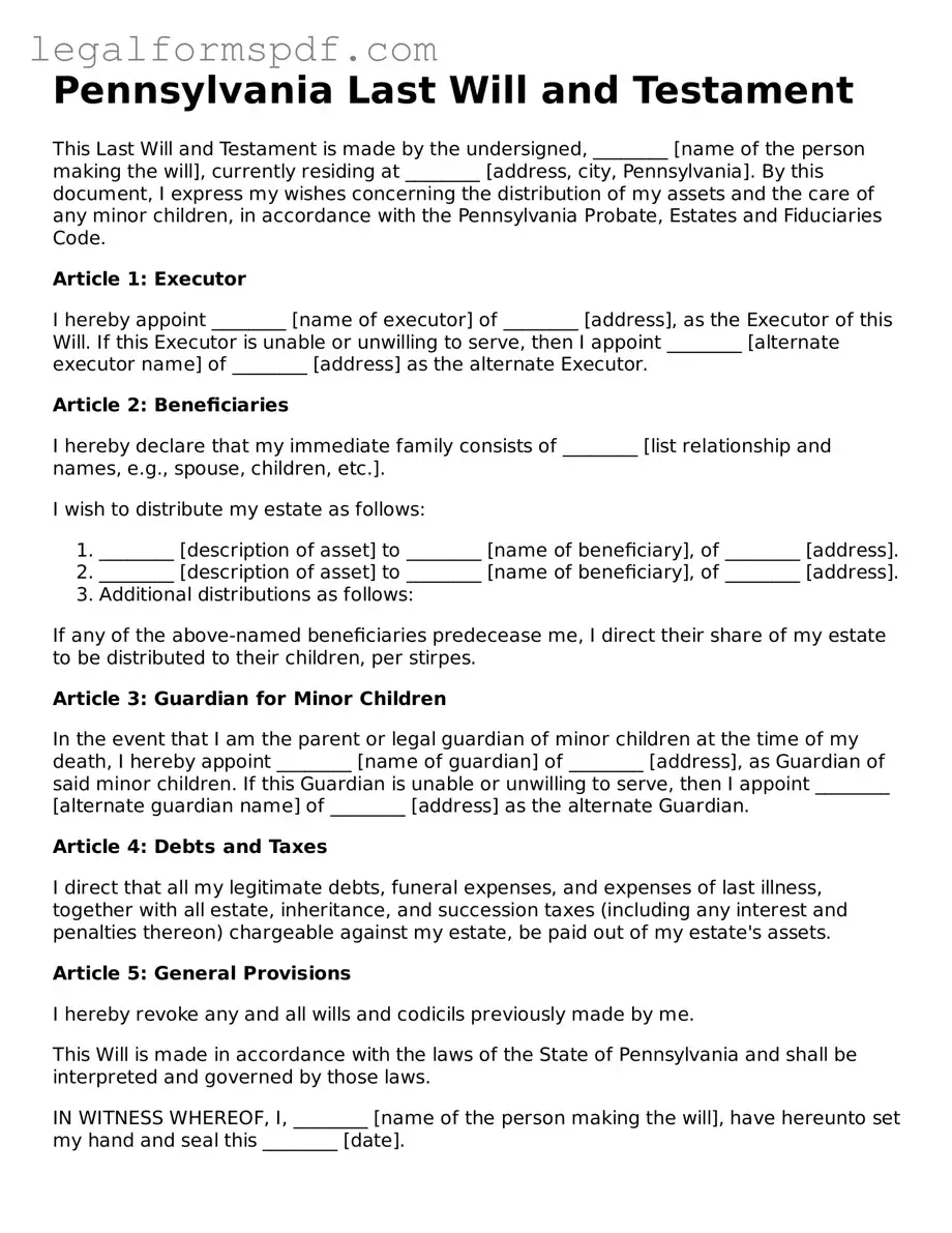 Fillable  Last Will and Testament Document for Pennsylvania