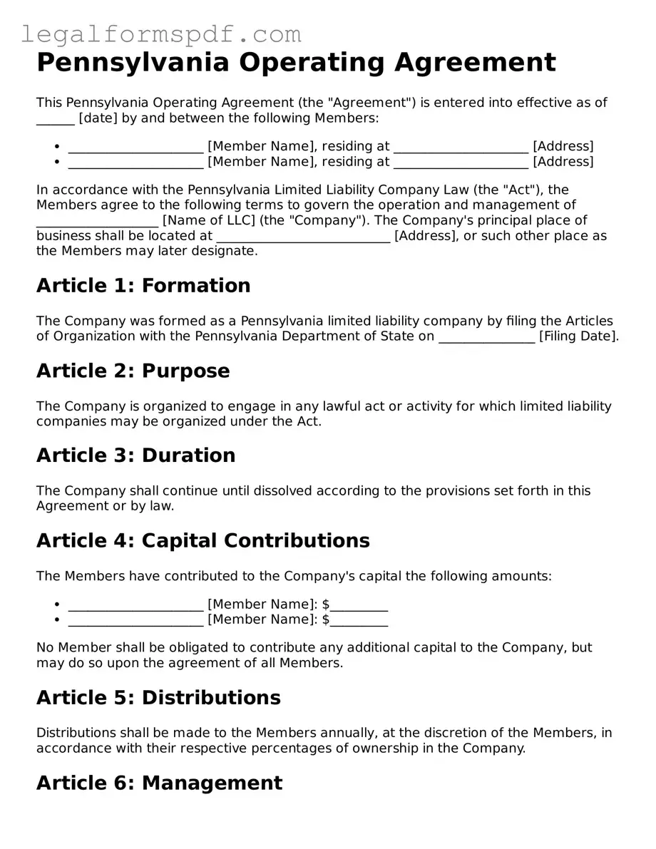 Fillable  Operating Agreement Document for Pennsylvania