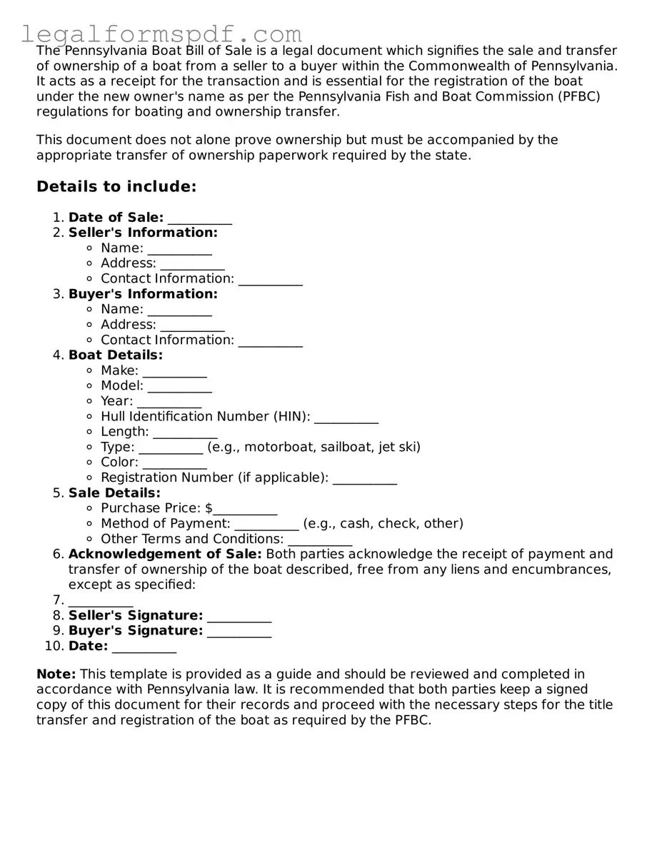 Fillable  Boat Bill of Sale Document for Pennsylvania