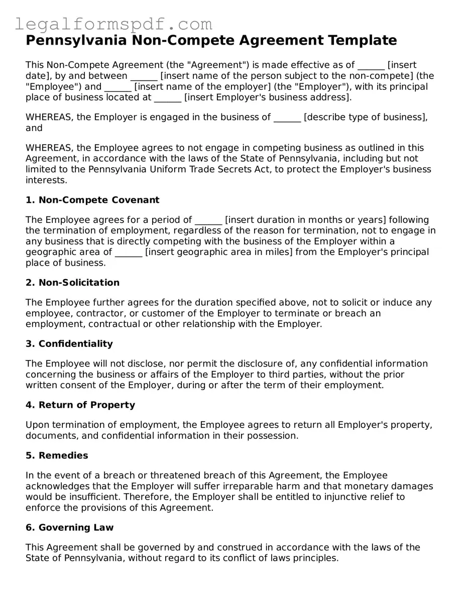 Fillable  Non-compete Agreement Document for Pennsylvania