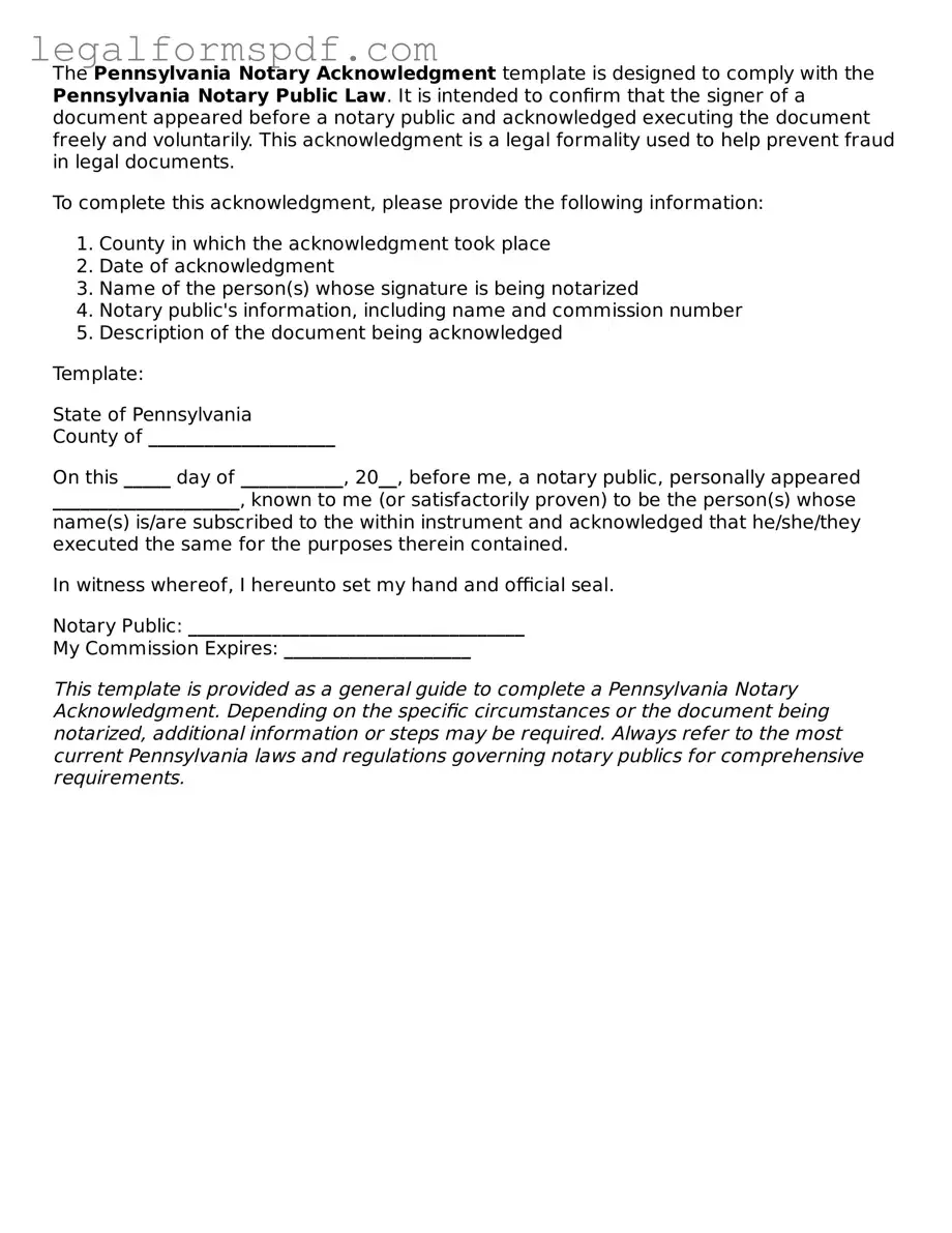 Fillable  Notary Acknowledgement Document for Pennsylvania