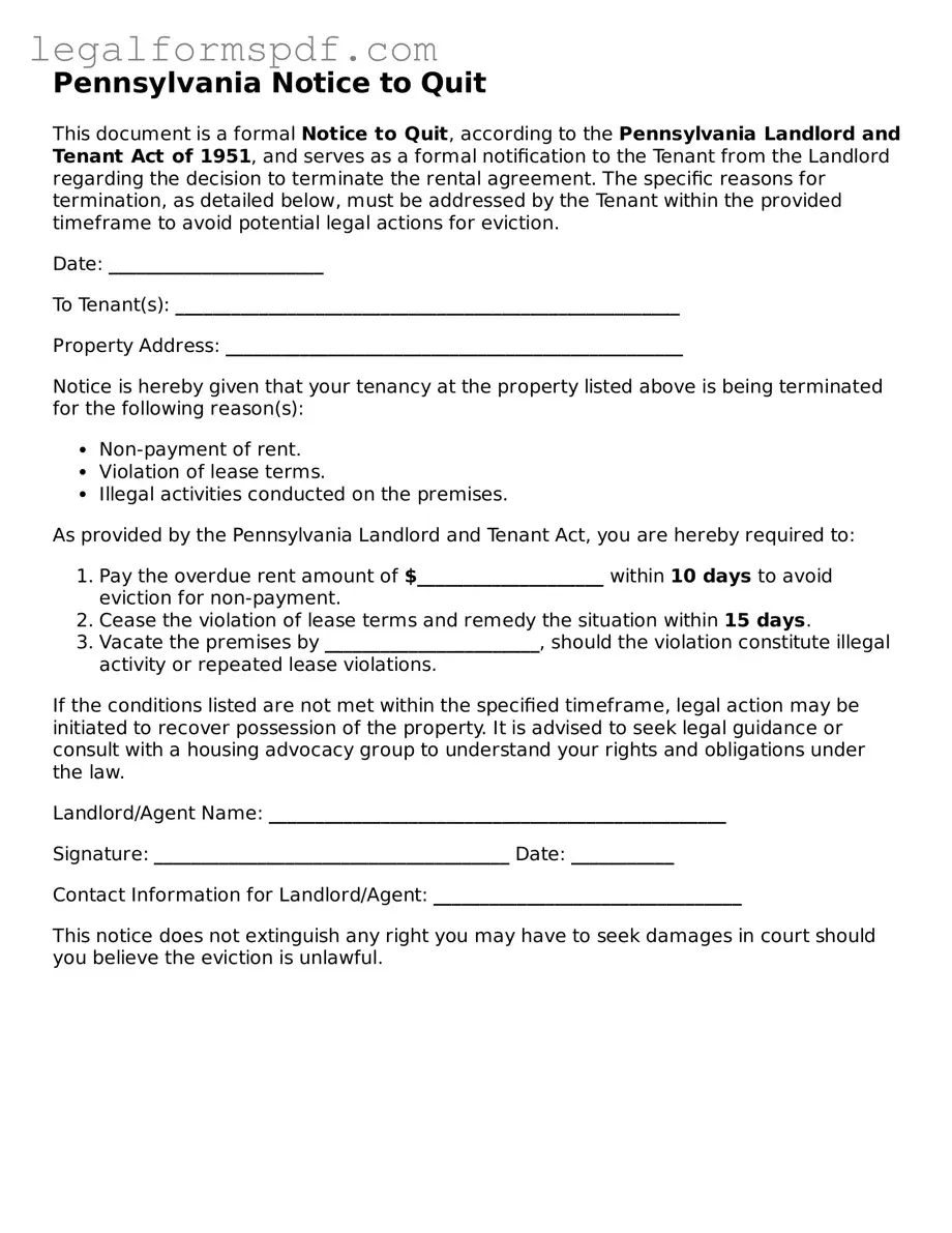 Fillable  Notice to Quit Document for Pennsylvania