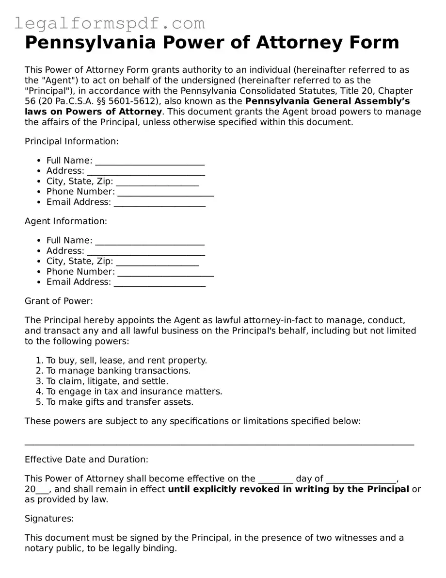 Fillable  Power of Attorney Document for Pennsylvania