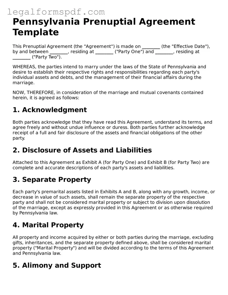 Fillable  Prenuptial Agreement Document for Pennsylvania