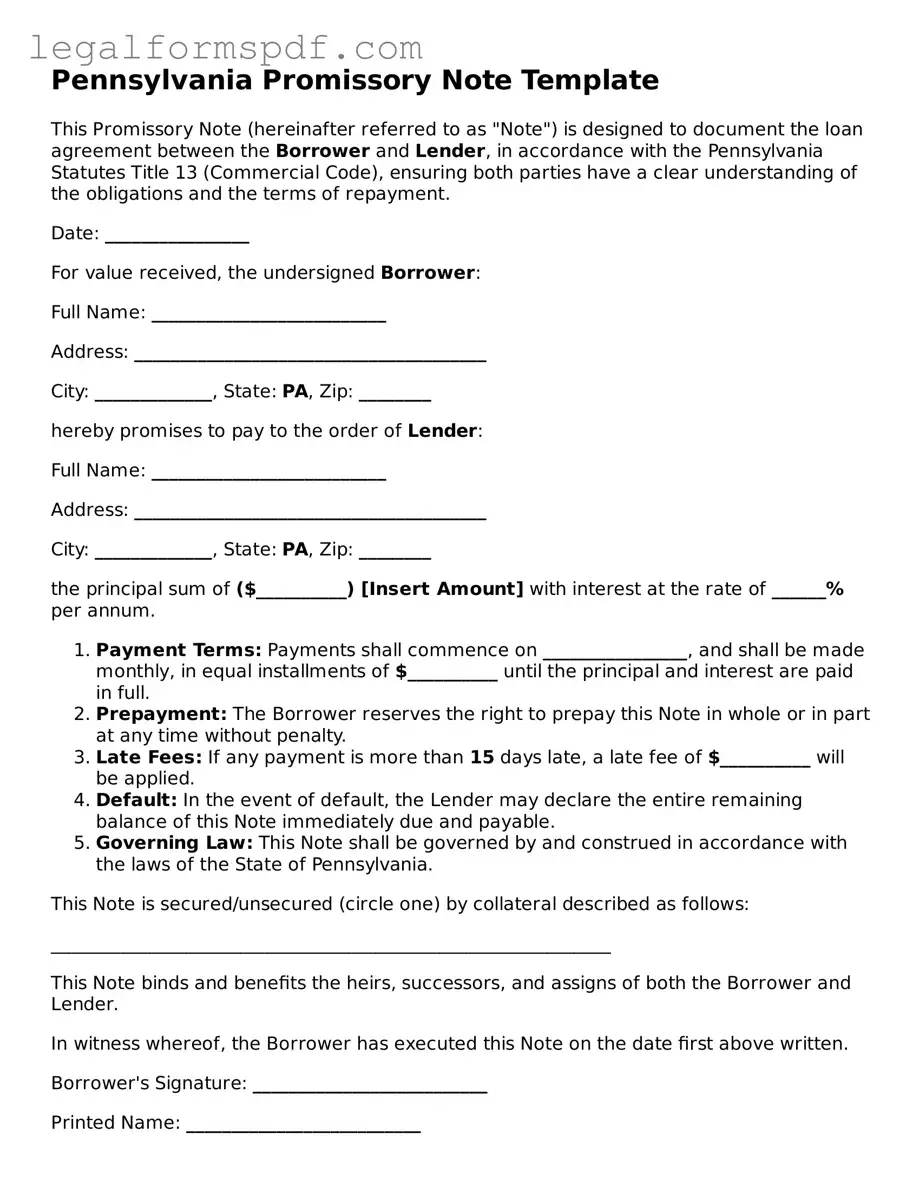 Fillable  Promissory Note Document for Pennsylvania
