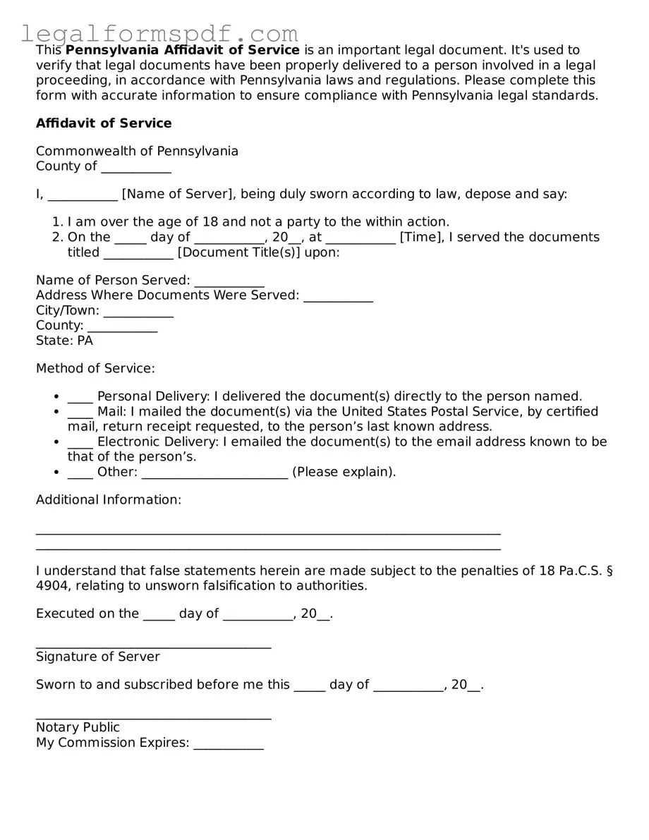 Fillable  Affidavit of Service Document for Pennsylvania