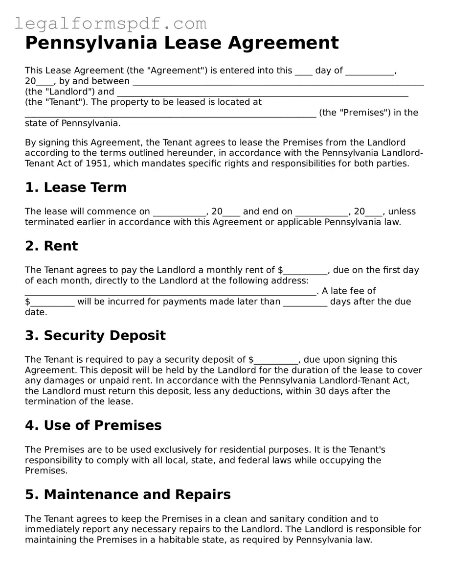 Fillable  Lease Agreement Document for Pennsylvania