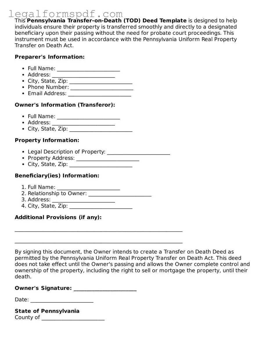 Fillable  Transfer-on-Death Deed Document for Pennsylvania