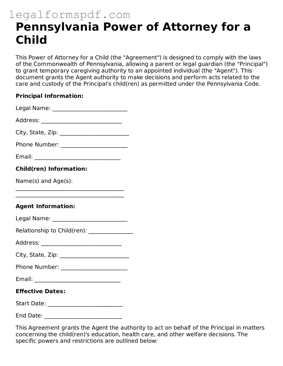 Fillable  Power of Attorney for a Child Document for Pennsylvania