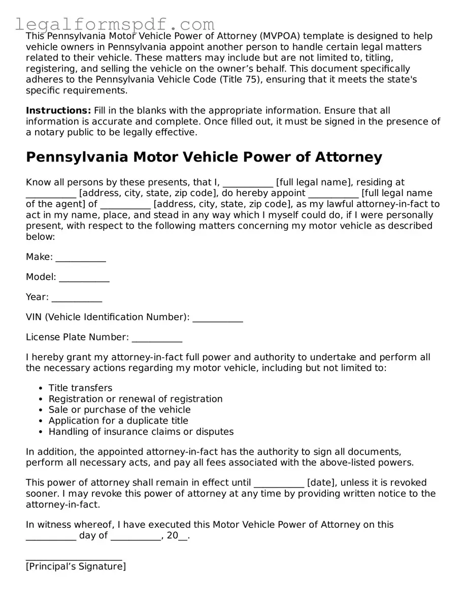 Fillable  Motor Vehicle Power of Attorney Document for Pennsylvania