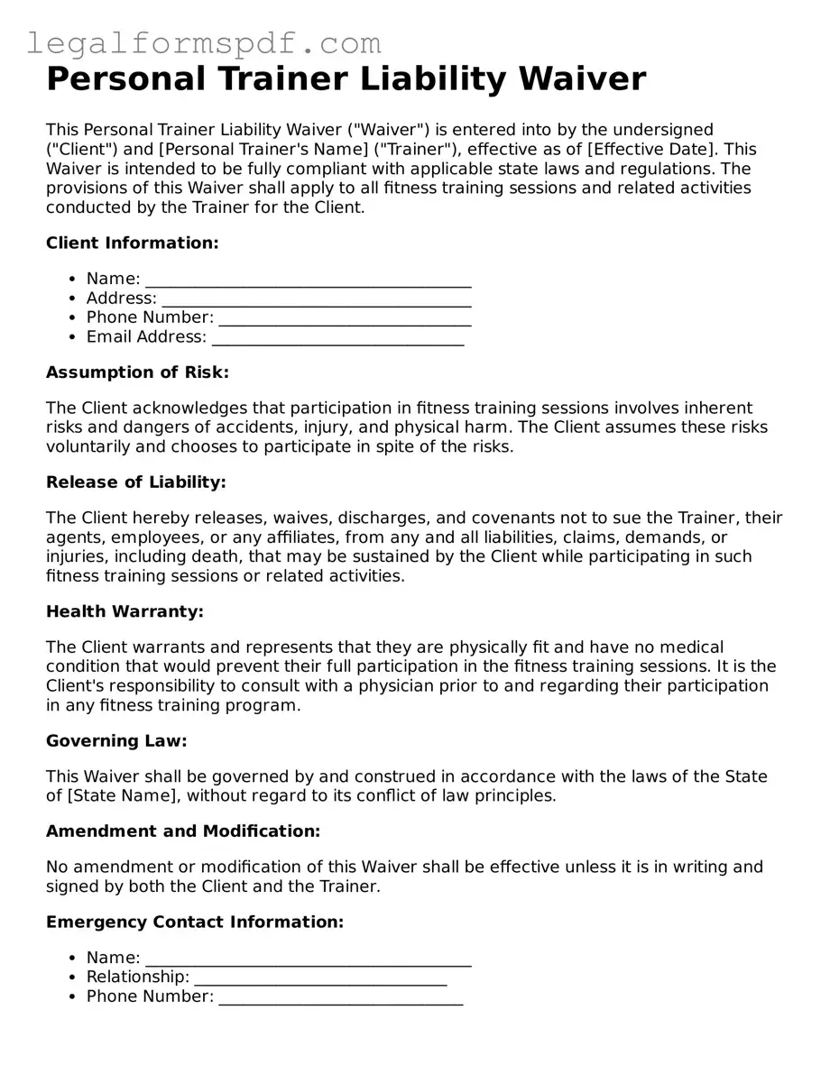 Official Personal Trainer Liability Waiver Document