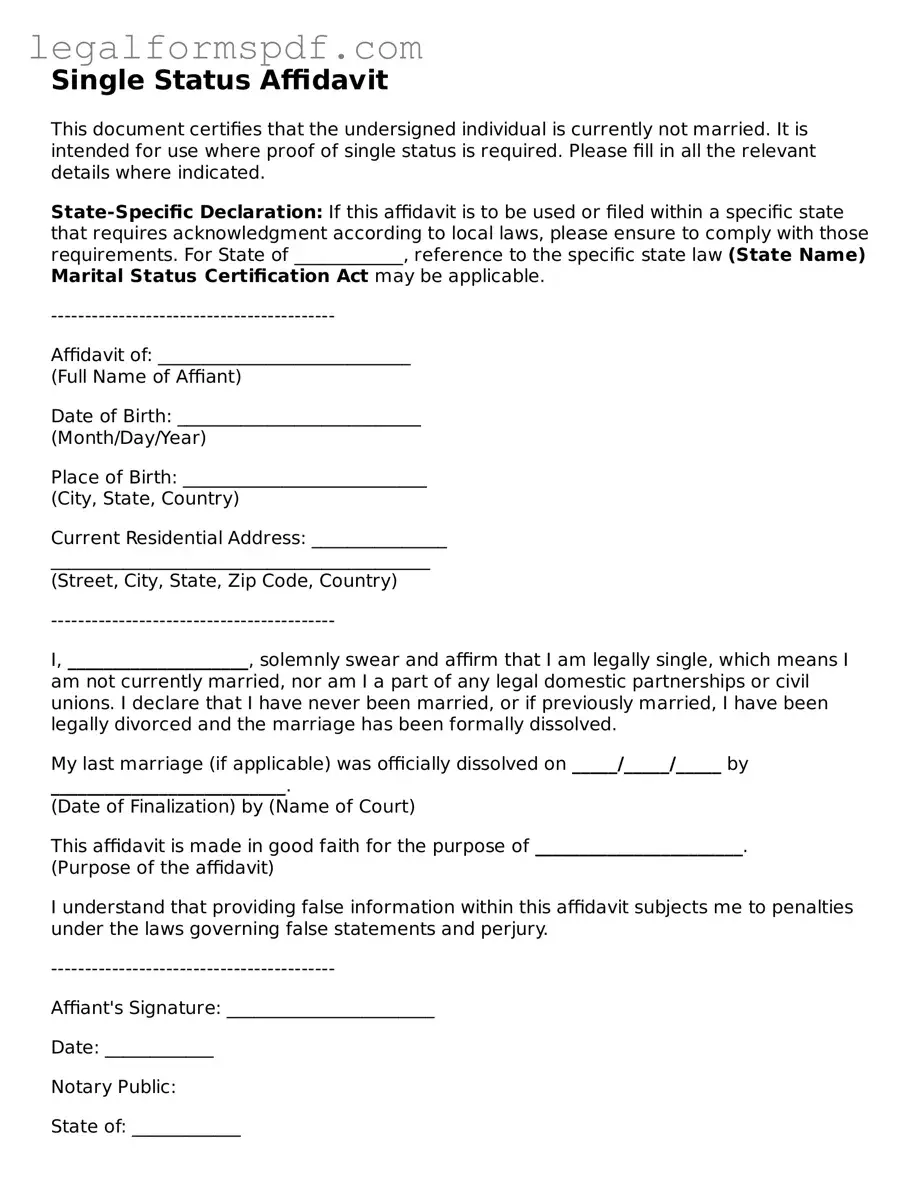 Official Single Status Affidavit Document