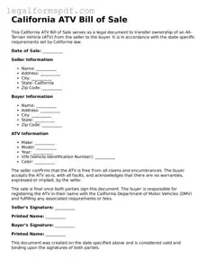 Fillable  ATV Bill of Sale Document for California