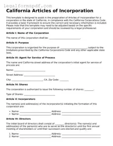 Fillable  Articles of Incorporation Document for California