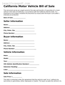 Fillable  Motor Vehicle Bill of Sale Document for California