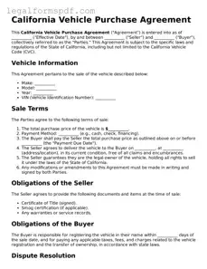 Fillable  Vehicle Purchase Agreement Document for California