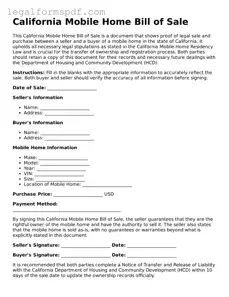 Fillable  Mobile Home Bill of Sale Document for California
