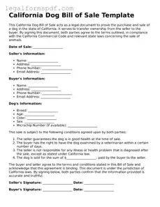 Fillable  Dog Bill of Sale Document for California
