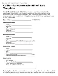 Fillable  Motorcycle Bill of Sale Document for California