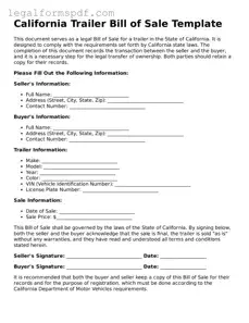 Fillable  Trailer Bill of Sale Document for California