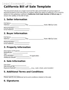 Fillable  Bill of Sale Document for California