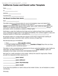 Fillable  Cease and Desist Letter Document for California