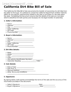 Fillable  Dirt Bike Bill of Sale Document for California