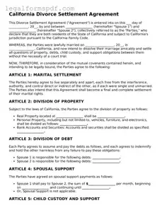 Fillable  Divorce Settlement Agreement Document for California