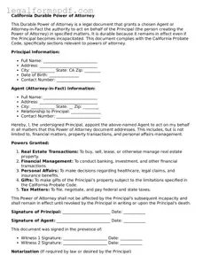 Fillable  Durable Power of Attorney Document for California