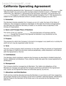 Fillable  Operating Agreement Document for California