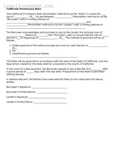 Fillable  Promissory Note Document for California