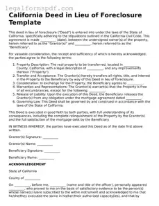 Fillable  Deed in Lieu of Foreclosure Document for California