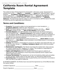 Fillable  Room Rental Agreement Document for California