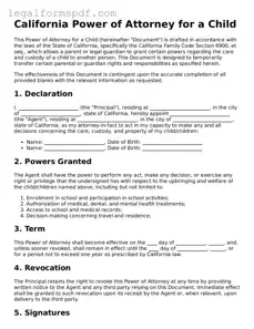 Fillable  Power of Attorney for a Child Document for California