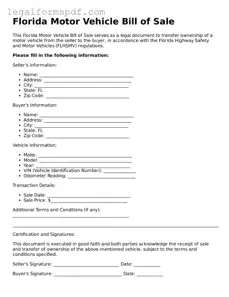 Fillable  Motor Vehicle Bill of Sale Document for Florida
