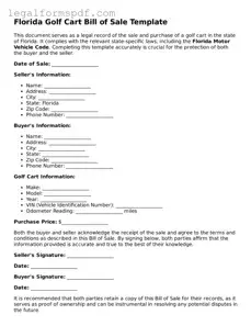 Fillable  Golf Cart Bill of Sale Document for Florida