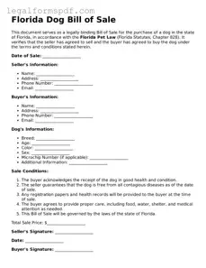 Fillable  Dog Bill of Sale Document for Florida