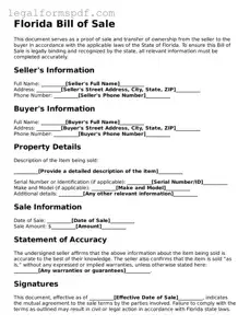 Fillable  Bill of Sale Document for Florida